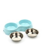 Миска металлическая двойная на пластиковом основании, 24 х 13 х 4,5 см, голубая - фото 809618322