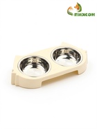 Миска металлическая двойная на пластиковом основании "Кот", 30,5 х 14,9 х 5,4 см, бежевая 10969222