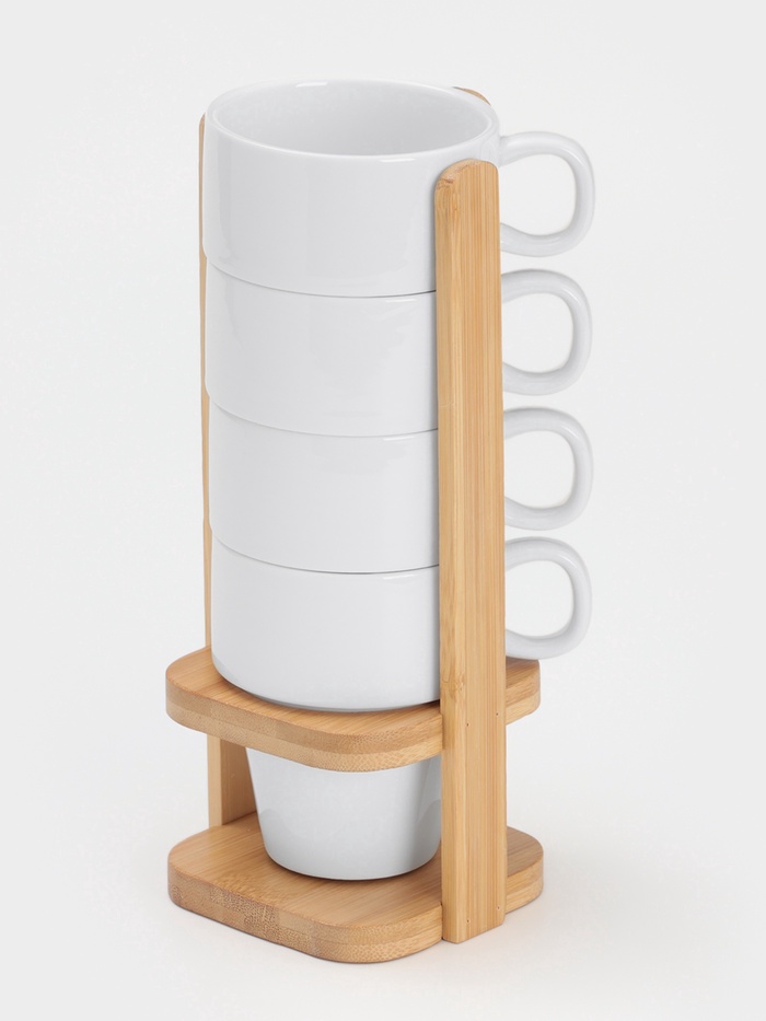 УЦЕНКА Набор кружек BellaTenero, 4 предмета: 200 мл, 9.6×7.3×8.8 см, на бамбуковой подставке, фарфор, белый - Фото 1