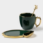 УЦЕНКА Чайная пара «Ливона», 3 предмета: чашка 200 мл, блюдце 14×1.8 см, ложка, керамика, изумрудная - Фото 2