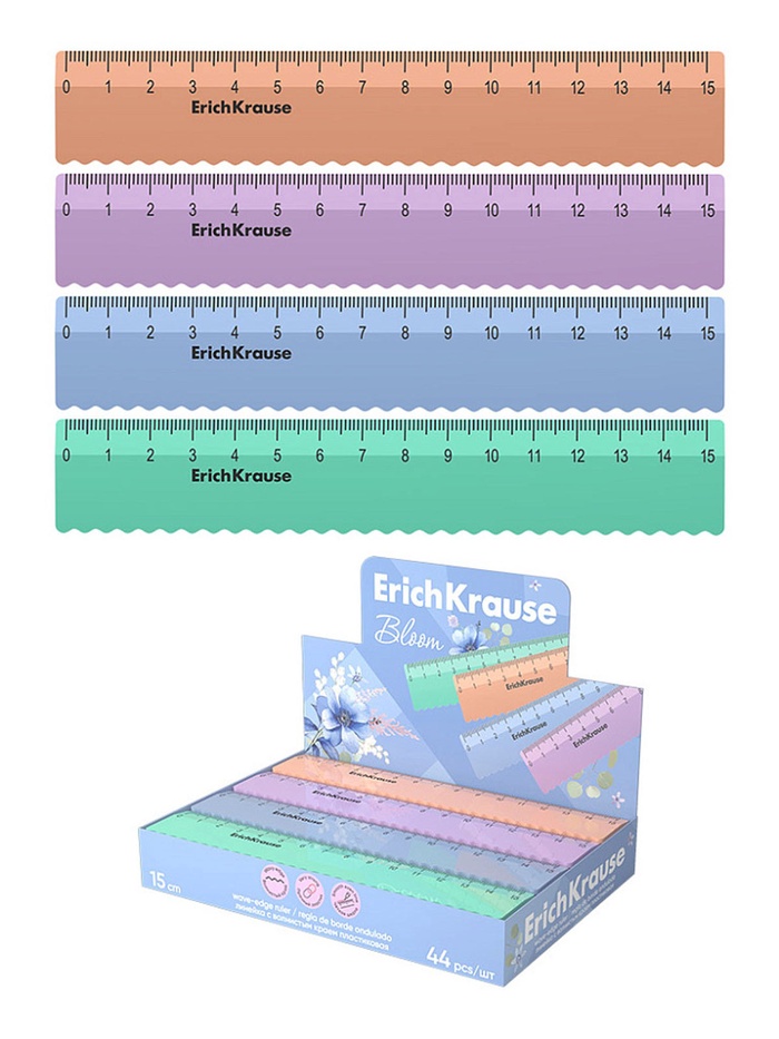 Линейка 15 см ErichKrause Pastel Bloom, волнистый край, МИКС