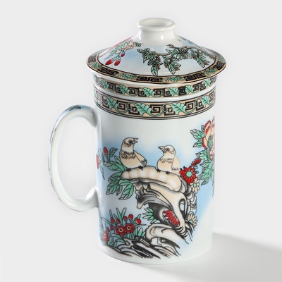 УЦЕНКА Кружка с крышкой и керамическим ситом "Птицы в пионах" 300 мл, 11х8,3х14,5 см