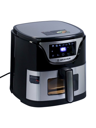 Аэрогриль BRAYER 2037BR, 1500 Вт, 5 л, 7 программ, 200°С, LCD-дисплей, таймер, решётка, чёрно-серый