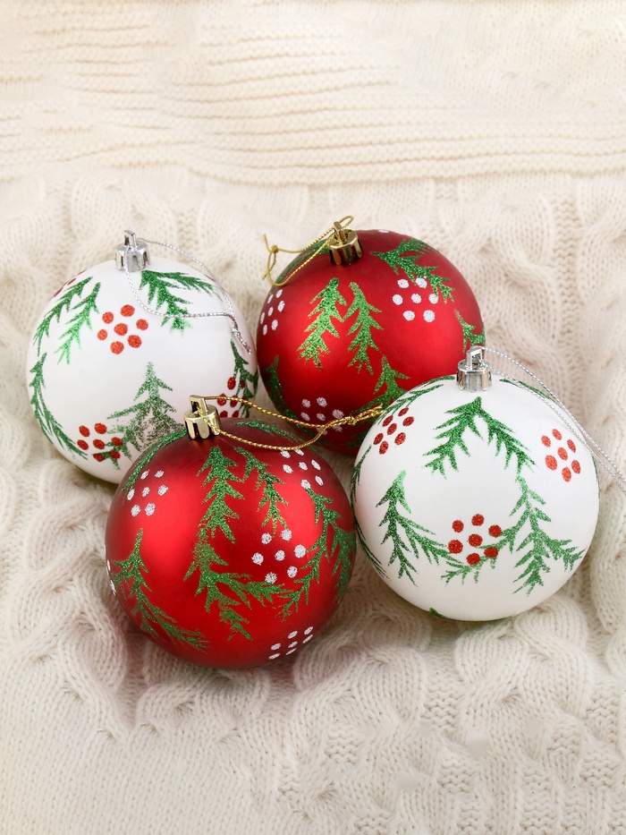УЦЕНКА Набор шаров пластик d-8 см, 4 шт "Еловые веточки" красный белый - Фото 1
