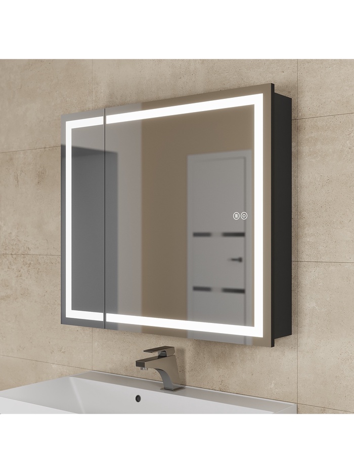 Зеркало - шкаф для ванной комнаты Uperwood Tanos с подсветкой, 80 см, цвет черный