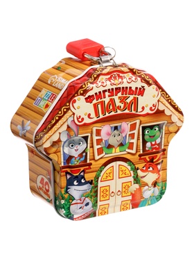 Фигурный пазл в металлической копилке с замочком "Теремок", 40 деталей