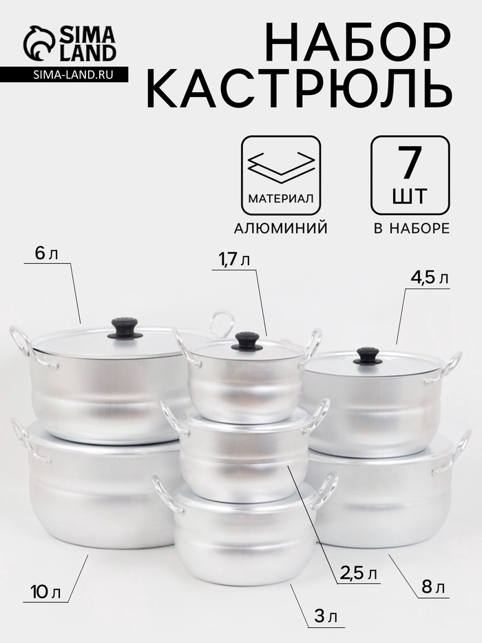 УЦЕНКА Набор кастрюль «МАТРЕШКА» 7 пр (1.7 - 10.0 л), 2 мет ручки, мет крышка - Фото 1