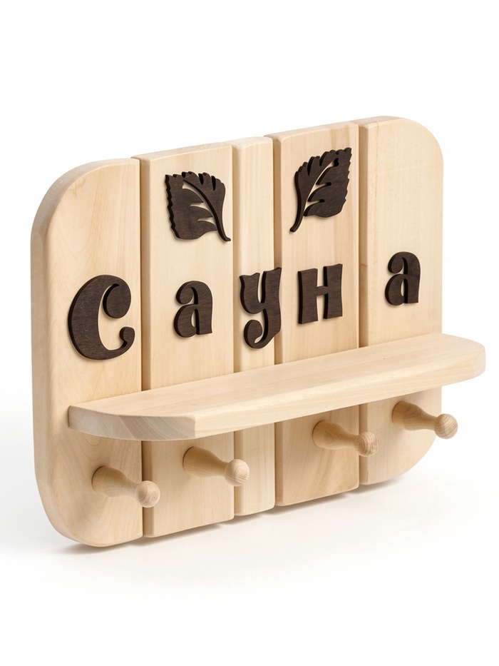 Полка-вешалка для бани и сауны «Сауна», 32×8.5×22 см, деревянная, 4 крючка