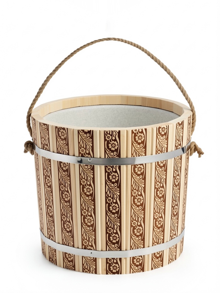Ведро из липы, 15л, пластиковая вставка, ручка-веревка Русские узоры