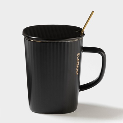 УЦЕНКА Кружка Elegant, 320 мл, 11.5×8×10.5 см, с крышкой и ложкой, керамика, чёрная