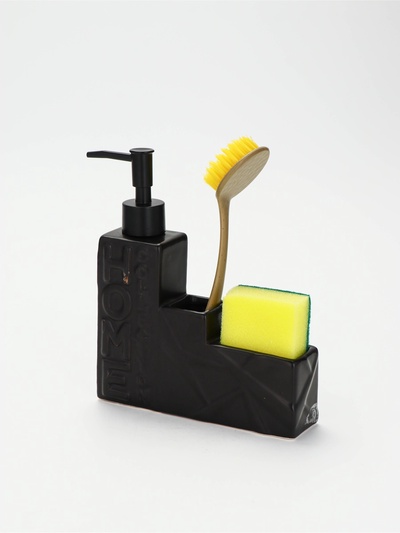 УЦЕНКА Дозатор для жидкого мыла с губкой и щеткой для посуды, черный,16×12×4 см