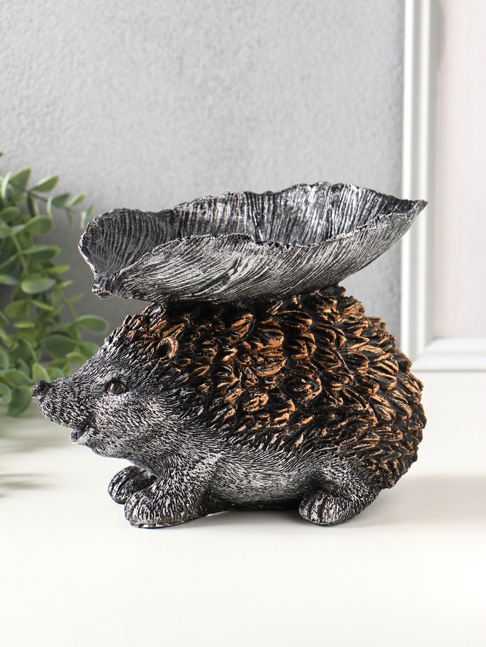 Фигура - подставка для мелочей «Ёжик с листом», 15×21×13 см, серебро с бронзой
