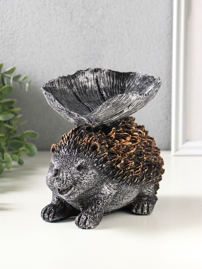 Фигура - подставка для мелочей «Ёжик с листом», 15×21×13 см, серебро с бронзой