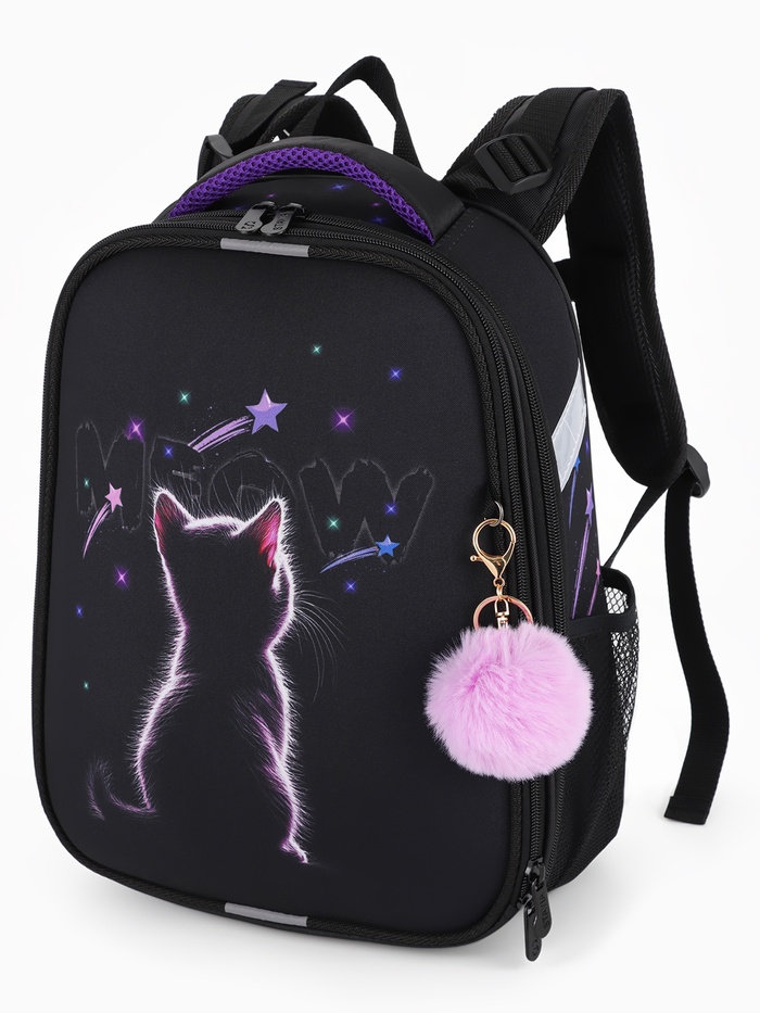 Рюкзак школьный для девочки «Котик», Stavia, эргономичная спинка, 30×16×38 см, чёрный - Фото 1