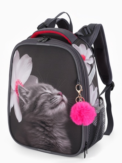 Рюкзак школьный для девочки «Котёнок с цветочком», Stavia, эргономичная спинка, 30×16×38 см, серый
