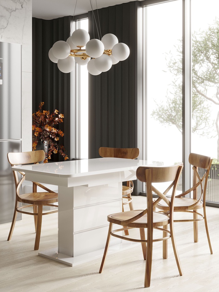 Стол кухонный раздвижной Шамбор 1240(1540)х750, столешница стекло,цвет белый глянец/белый