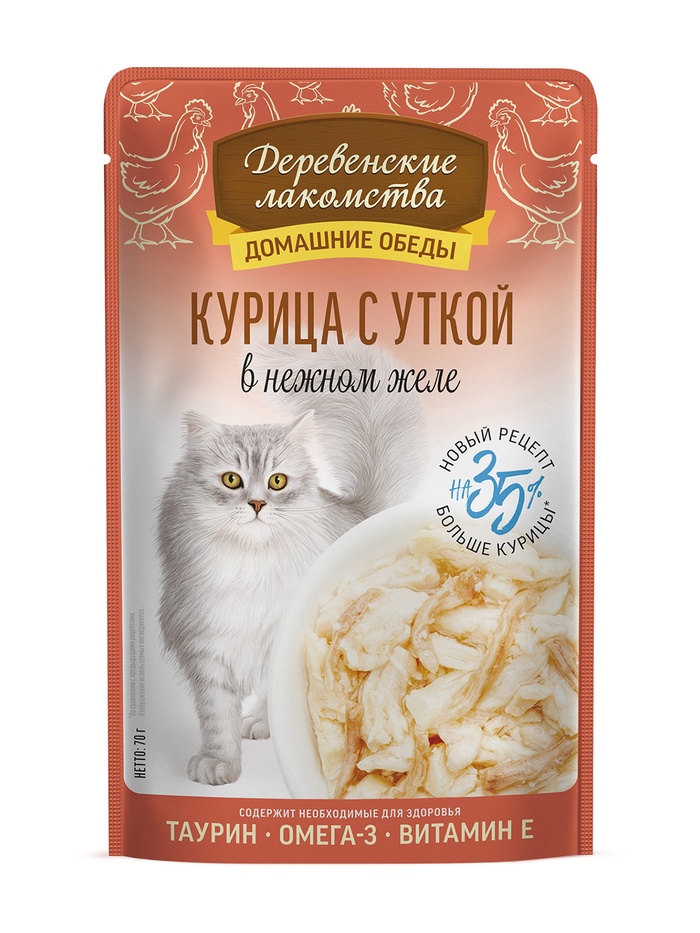 Влажный корм для кошек «Деревенские лакомства», курица с уткой в нежном желе, пауч, 70 г