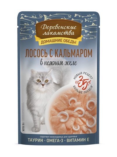 Влажный корм для кошек «Деревенские лакомства», лосось с кальмаром в нежном желе, пауч, 70 г