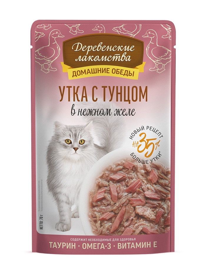 Влажный корм для кошек «Деревенские лакомства», утка с тунцом в нежном желе, пауч, 70 г