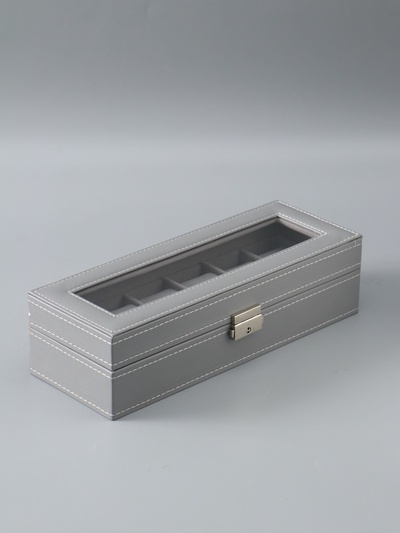 УЦЕНКА Шкатулка кожзам под часы 6 отделений «Серая с белой строчкой» 8×30×11 см