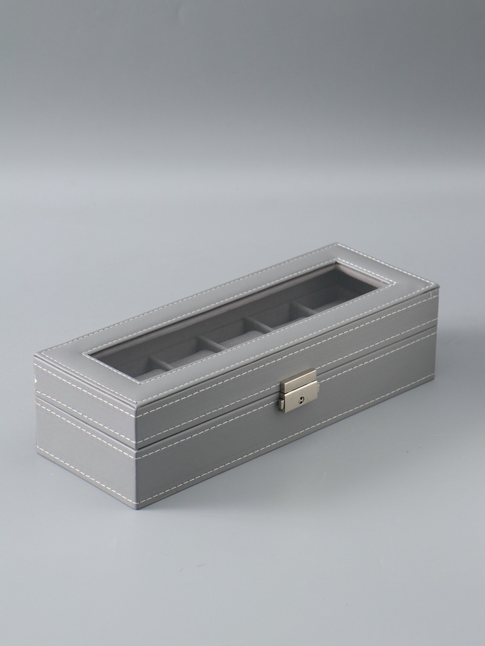 УЦЕНКА Шкатулка кожзам под часы 6 отделений «Серая с белой строчкой» 8×30×11 см - Фото 1