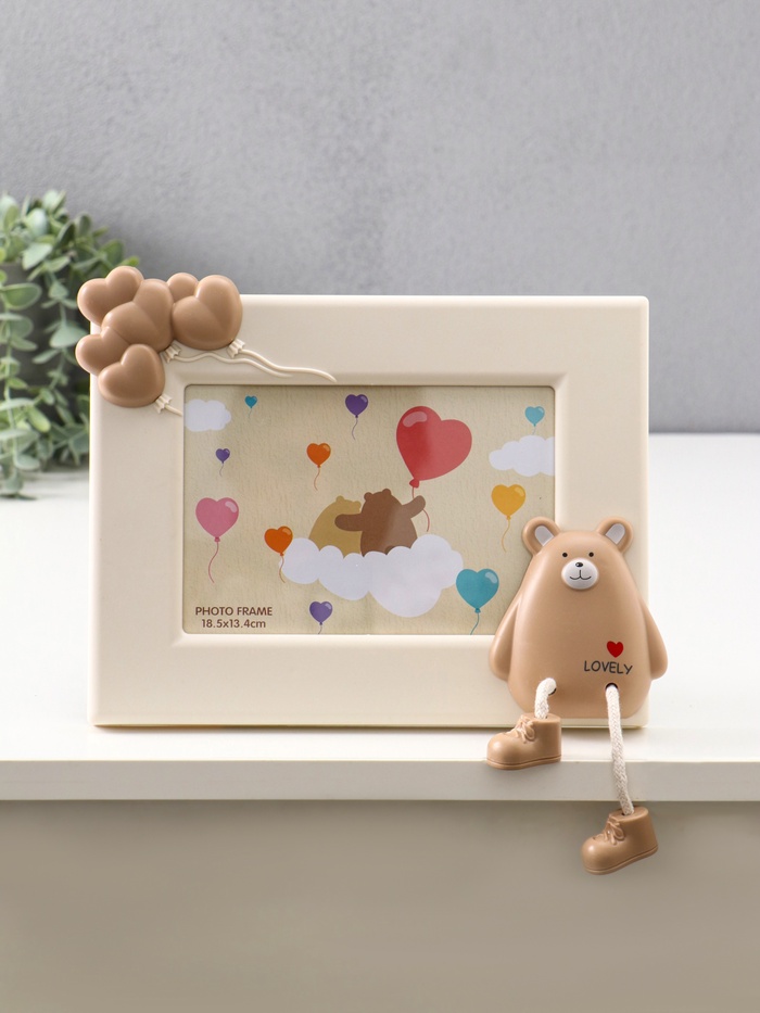 УЦЕНКА Фоторамка пластик 12х17 см "Мишка с сердечками" бежевая 24х19,5 см - Фото 1