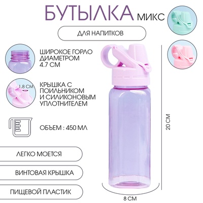 УЦЕНКА Бутылка для воды, 450 мл, 20×8 см, спортивная, прозрачная, МИКС