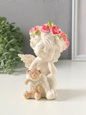 Фигурка гипс «Ангел с мишкой», 14×8 см, белая с позолотой