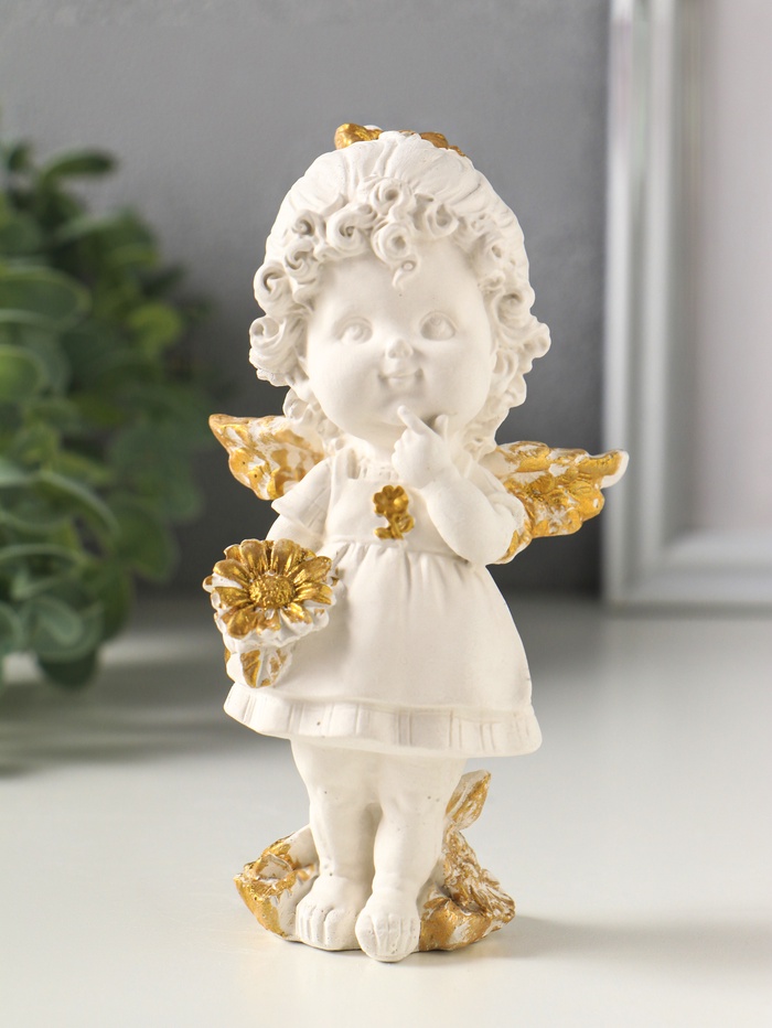 Фигурка гипс «Ангел с цветком», 14×5 см, белая с золотом