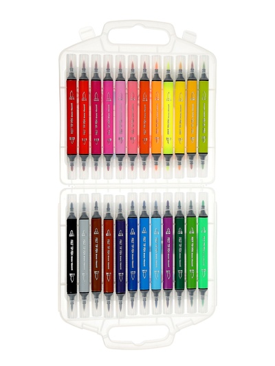 Фломастеры-кисточки 24 BRIGHT, COLORS, двусторонние, в пластиковом пенале