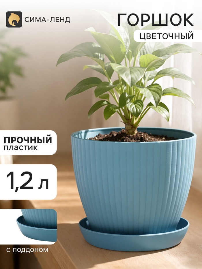 Горшок цветочный Ribbed, 15×15×13 см, 1.2 л, пластиковый, с поддоном, серо-голубой - Фото 1