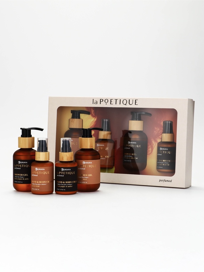 Подарочный набор: гель для душа 2×120 мл, крем для рук и тела 2×60, аромат: Black pepper, Vanilla blend, laPOETIQUE