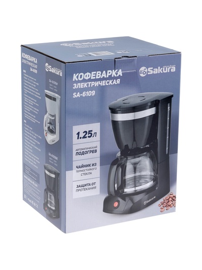 Кофеварка Sakura SA-6109BK, капельная, 800 Вт, 1.25 л, чёрная