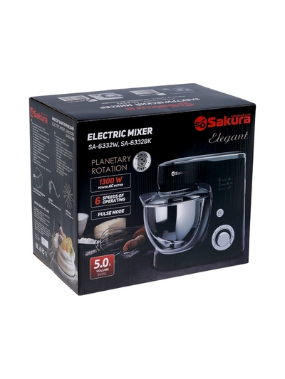 Миксер планетарный Sakura SA-6332W, 1300 Вт, 6 скоростей, чаша 5 л, 3 насадки, белый