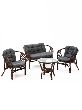 Комплект садовой мебели из ротанга Bagama: 2 кресла, диван, столик, с серыми подушками, коричневый