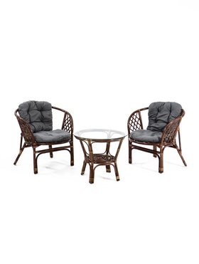 Комплект садовой мебели из ротанга «Индо»: 2 кресла, столик, с серыми подушками, коричневый