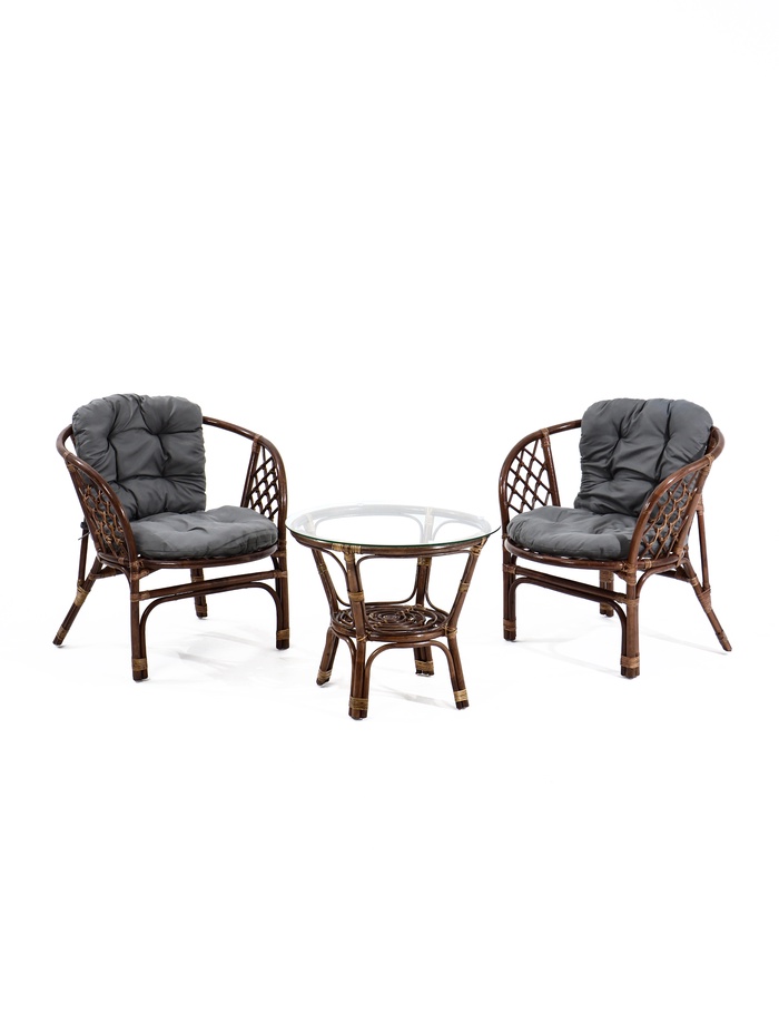 Набор садовой мебели Индо 3 предмета: 2 кресла, 1 стол, ротанг тёмный, подушки серые