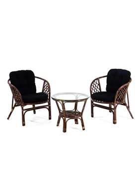 Комплект садовой мебели из ротанга Bagama: 2 кресла, столик, с чёрными подушками, коричневый
