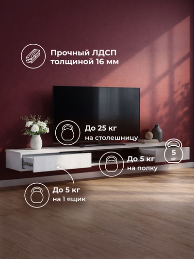 Тумба под ТВ подвесная «Делора 1.8 м», 1802×315×160 мм, цвет белый/чёрный