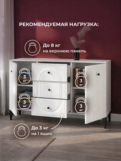 Комод напольный «Вестра 13.309», 1332×384×875 мм, цвет белый pe шагрень/белая шагрень