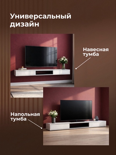 Тумба под ТВ подвесная «Делора 2,0 м», 2002×315×160 мм, цвет белый / черный