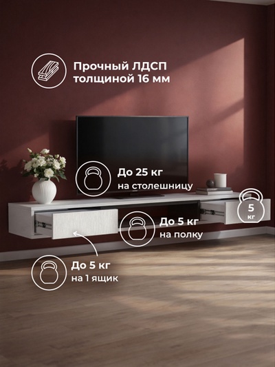Тумба под ТВ подвесная «Делора 1.6 м», 1602×315×160 мм, цвет белый/чёрный