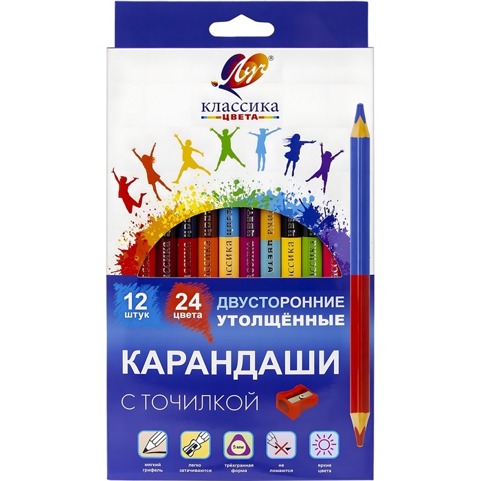 Карандаши 24цв, 12 шт, двусторон, Луч, дерево, заточ, трехгр, толстые, с точил, коробка, европодвес