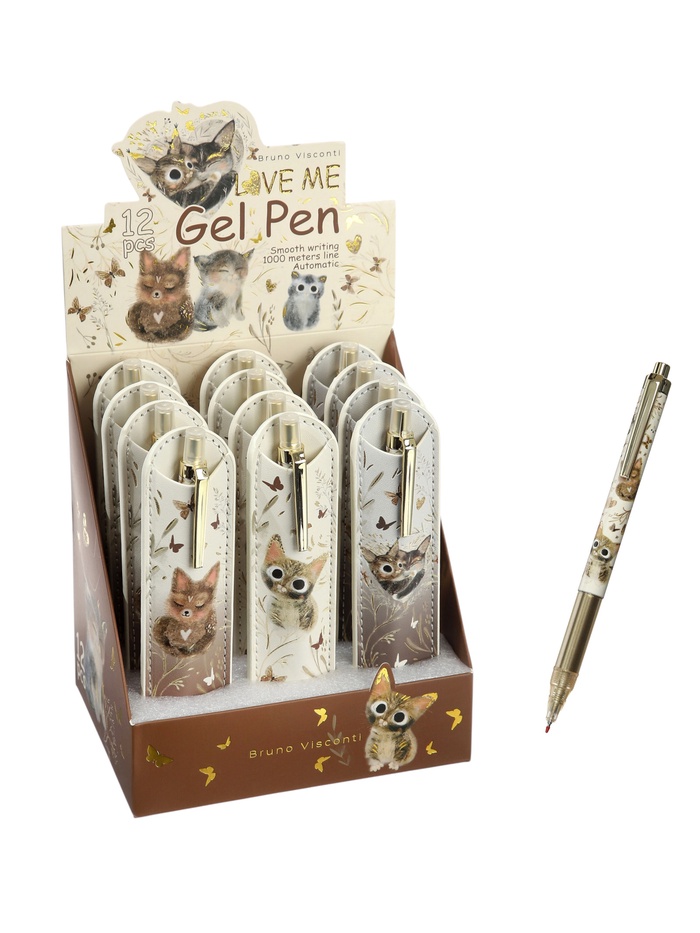 Ручка подарочная в чехле из экокожи, гелевая BrunoVisconti «Котики», автоматическая, синяя, 0.5 мм