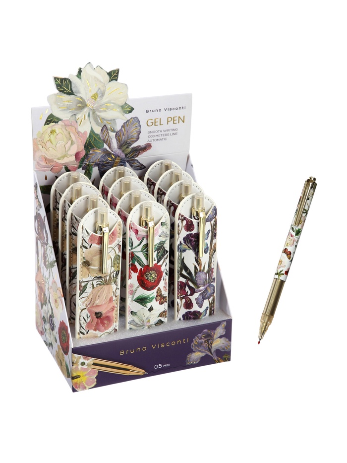 Ручка подарочная в чехле из экокожи гелевая BrunoVisconti: flowers, автоматическая, синяя, 0.5 мм