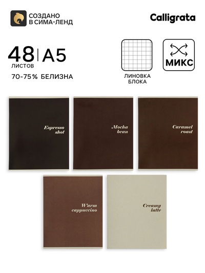 Тетрадь 48 листов в клетку Calligrata «Кофе», серые листы, блок №2, 5 В МИКС