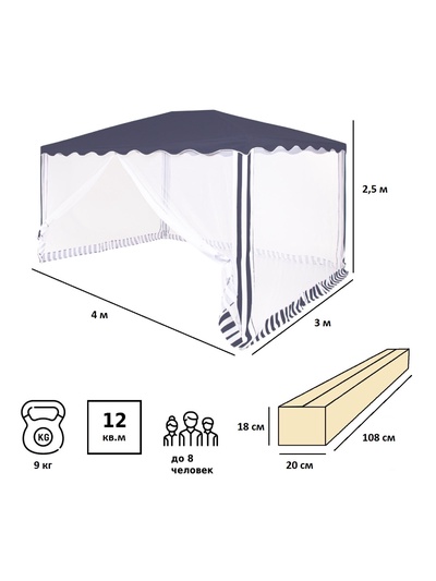 Тент-шатёр садовый Green Glade 1038, 3×4×2.45 м, с москитной сеткой, полиэстер, металлический каркас, синий