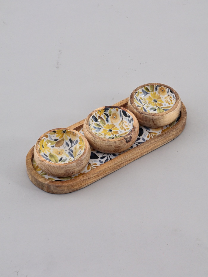 УЦЕНКА Набор розеток на подносе "Желтые и синие цветы" (3 шт) дерево манго 33,5х13х6,5 см - Фото 1