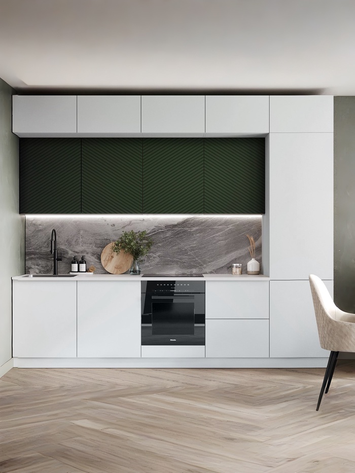 Кухонный гарнитур трёхуровневый в потолок «Урания», 3000 мм, цвет белый/зелёный холст - Фото 1