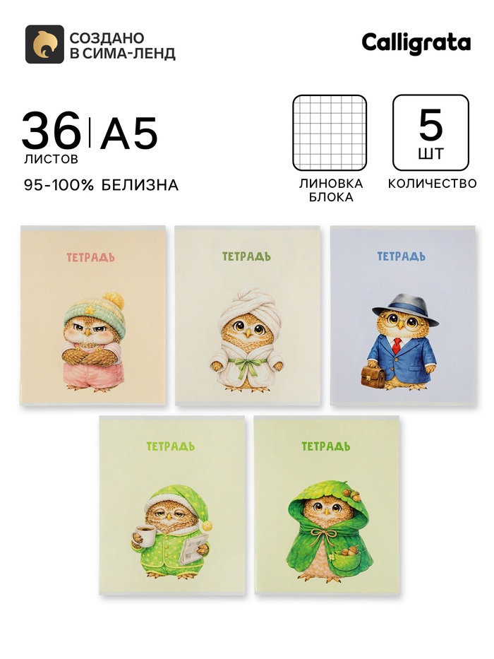 Тетрадь 5 штук, 36 листов в клетку Calligrata «Совушки», блок офсет, 5 видов - Фото 1
